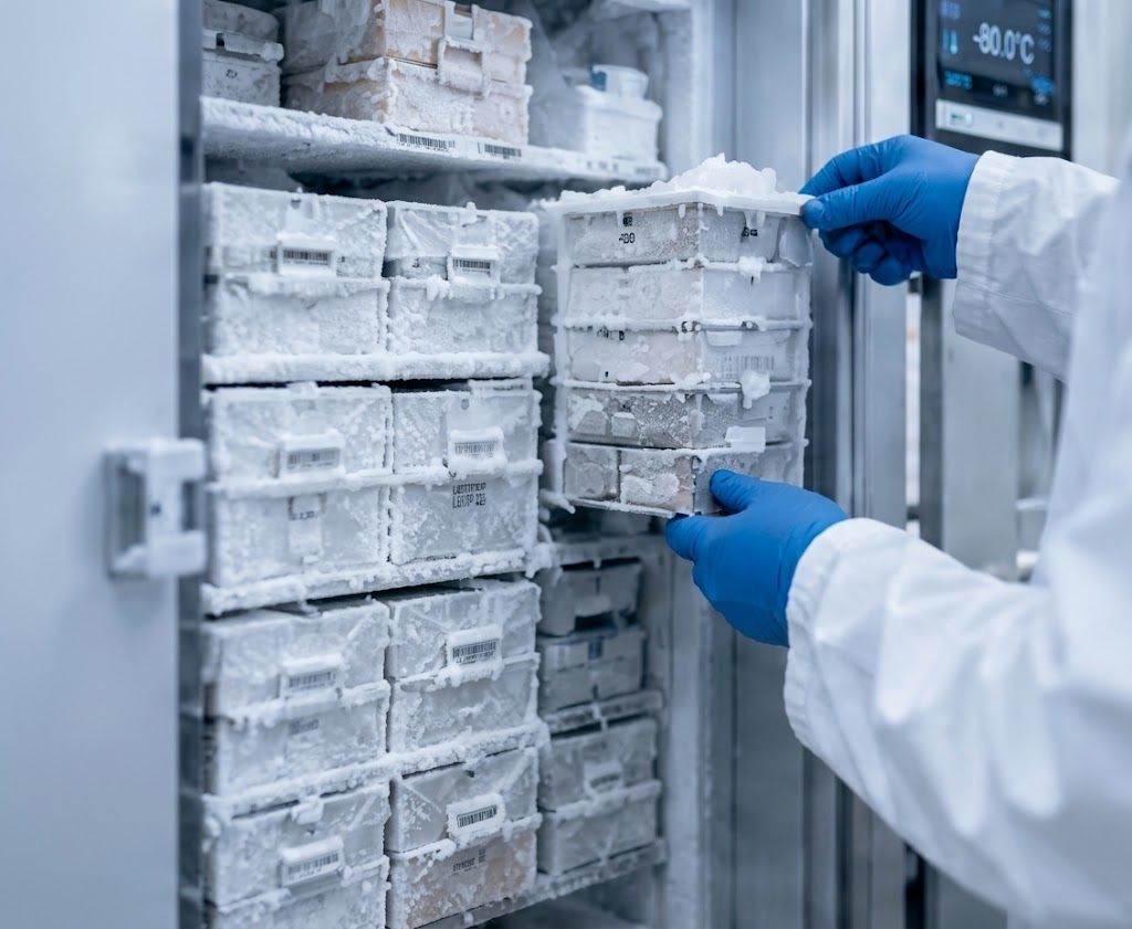 Illustration: gloved hands lifting a rack out of an ultra-low temperature freezer.