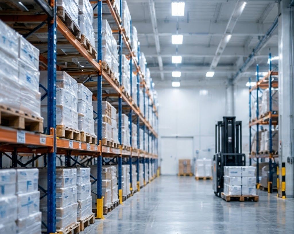 Illustration: a warehouse aisle between tall pallet racks.