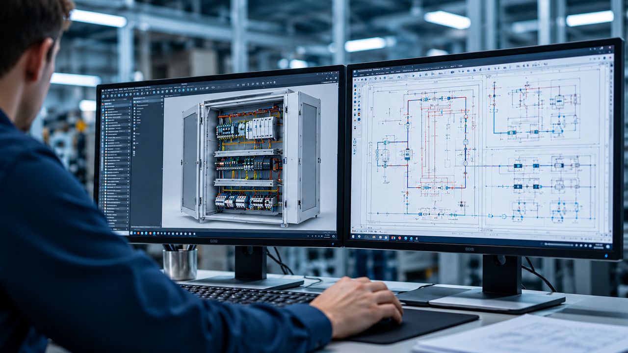 Illustration: a technician, seen from behind, at two screens showing a 3D model of an electrical cabinet and its schematic.