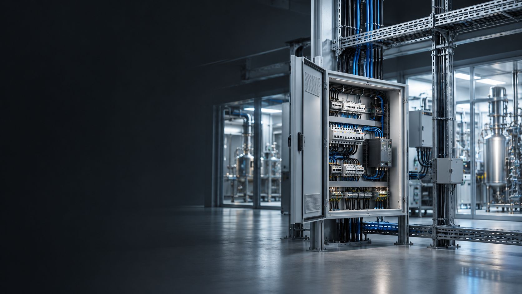 Illustration: an open electrical cabinet in front of a pharmaceutical production installation.