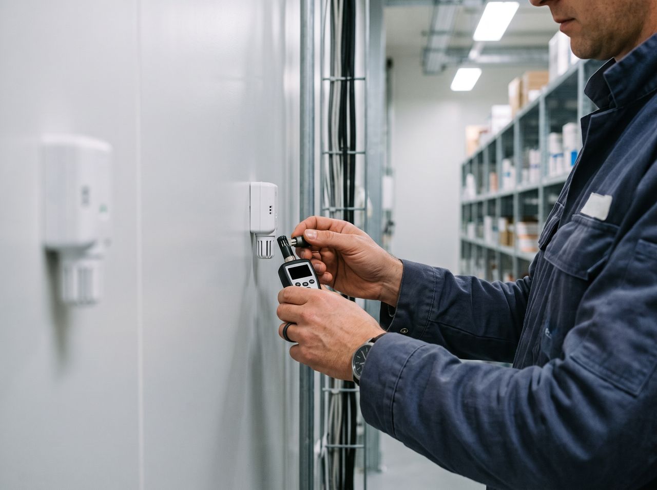 Illustrative photo: reading a wall-mounted ambient sensor in a storage area.